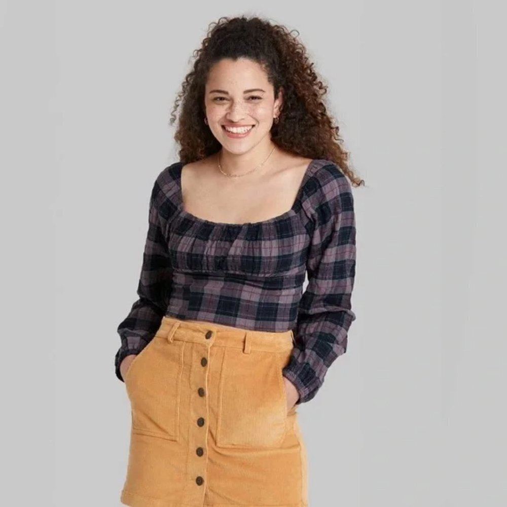 Wild Fable Womens Plaid Square Neck Long Sleeve Top Puff Shoulder Blouse